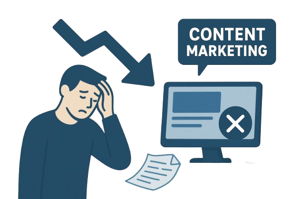 Illustration showing a frustrated marketer beside a computer screen with a failed content marketing message, a downward arrow, and scattered papers symbolizing unsuccessful content marketing efforts.