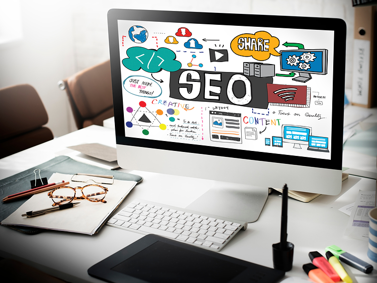 A desktop computer showing creative SEO strategies and digital marketing concepts, representing the Best SEO Agency in Mumbai focused on website optimization, content marketing, and online growth.