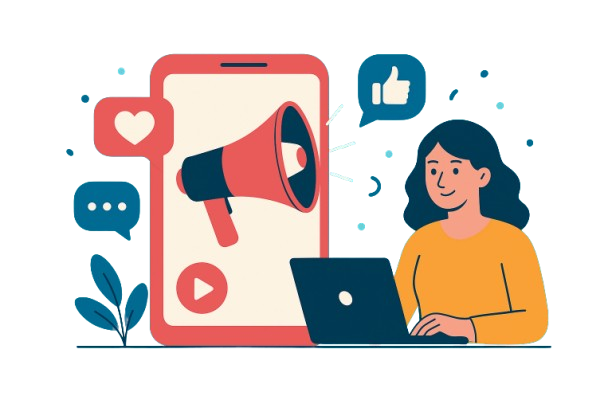 A creative illustration representing a social media marketing agency for small businesses, featuring a woman working on a laptop, a smartphone with a megaphone, and icons like likes and comments symbolizing digital engagement.